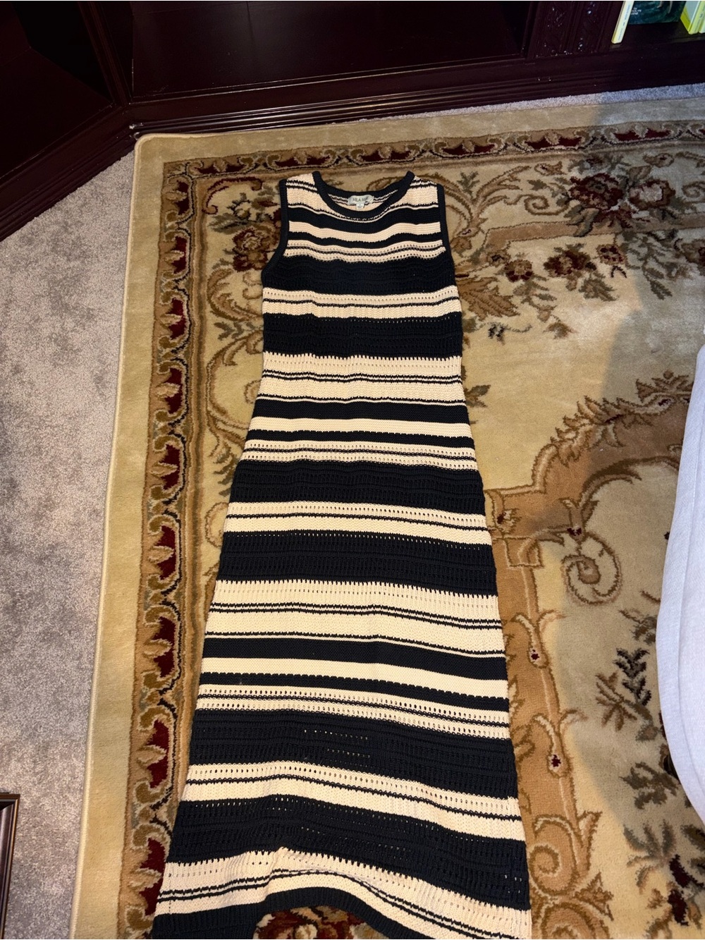 Sleeveless Black and Cream Striped Maxi Dress